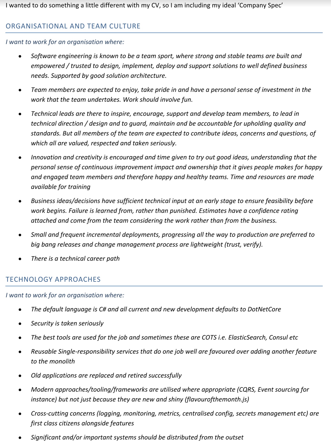 Screenshot of my Company Spec, from my CV Screenshot of my Company Spec, from my CV